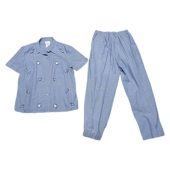 Vintage KORET Dress Blue Shell Embroidered 2-Pc Set Blouse Top & Pants Women's 8 - Picture 1 of 5
